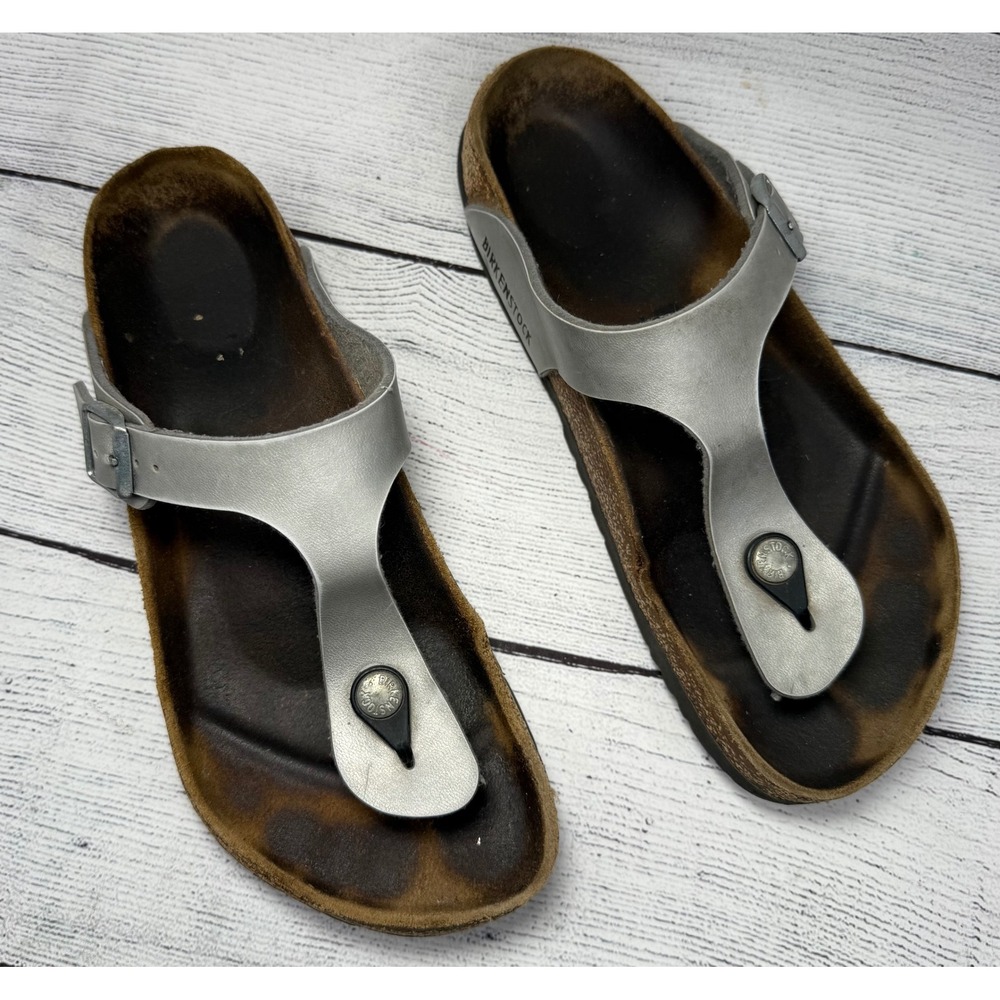 Birkenstock Silver Metallic Thong Sandals‎ Cork Adjustable Buckle Strap size 39
